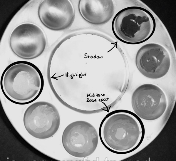 B&W still of the palette from Miniature Painting Masterclass video.